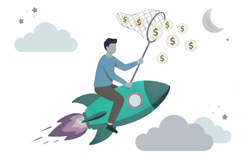 Cloud & AI Consultant Flying in the Cloud on a Rocket Catching Dollar Coins
